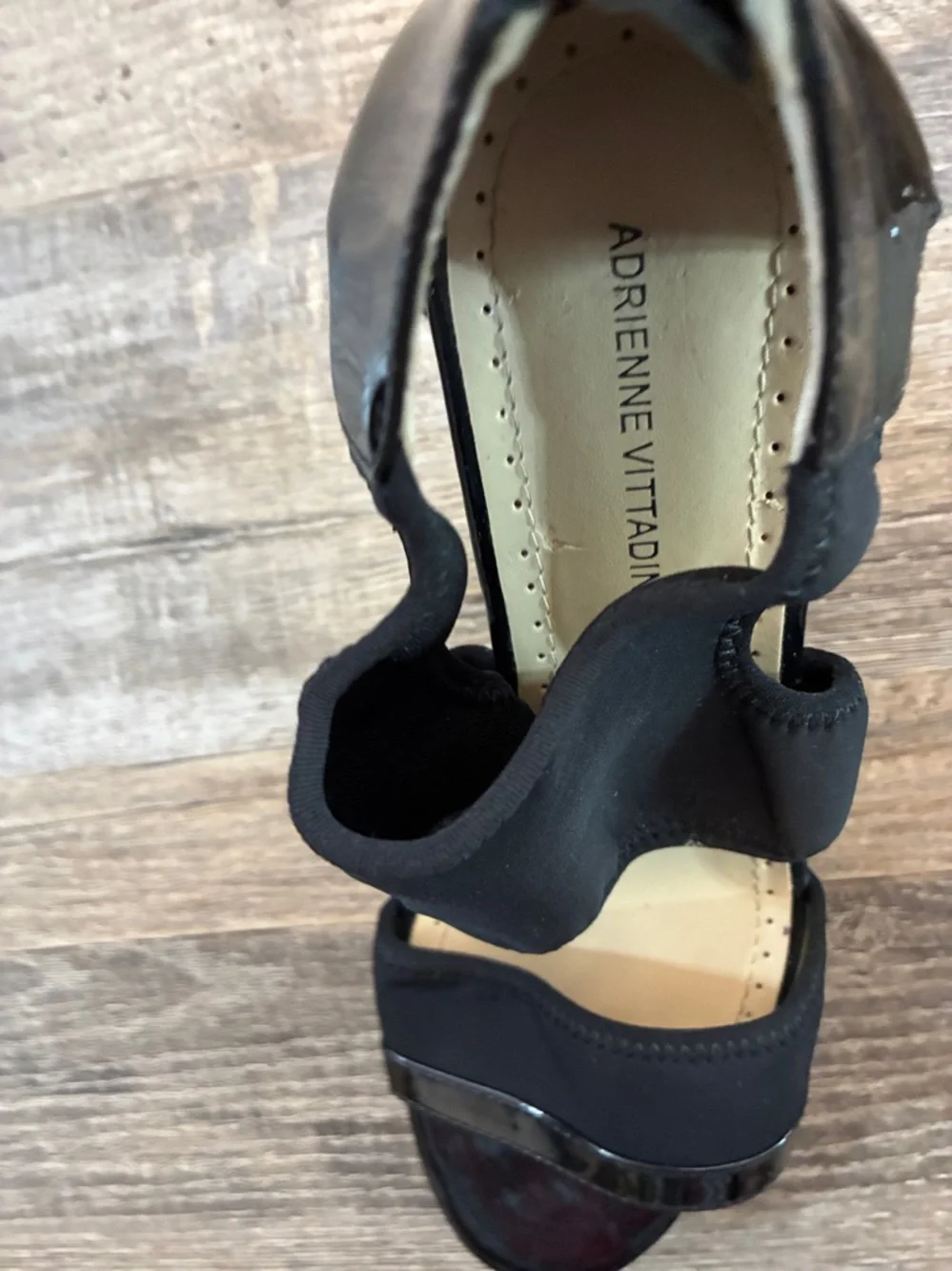 Adrienne Vittadini Black Patent/ Stretchy Straps Back Zipper 4” Cork Wedges 9.5